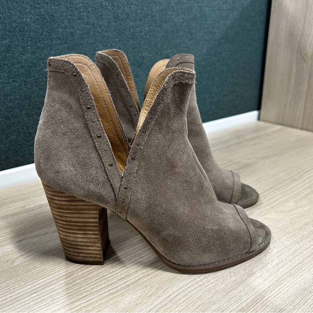 Taupe Suede Peep-Toe Ankle Boots